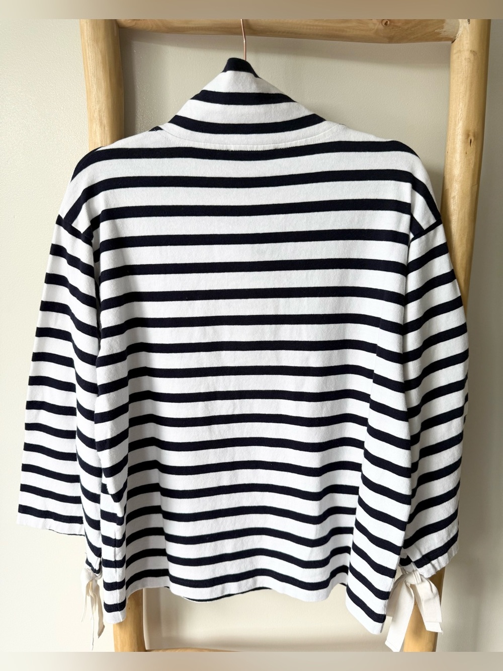 J. Crew Navy White Striped Snap Neck Knit Nautical 3/4 Tie Sleeve Pullover M - Picture 10 of 12